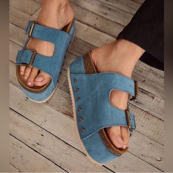 New Free People Rule Breaker Flatform Sandal Shoes Platform Suede Blue Capri 36